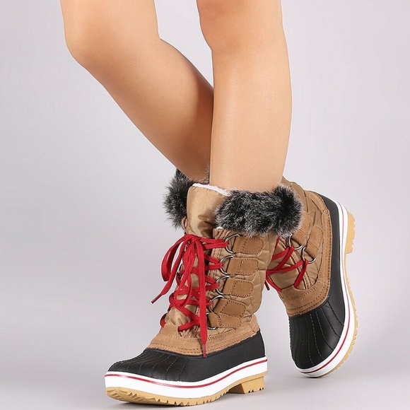 NEW🔥 Waterproof Lace Up Faux Fur Snow Mid Calf Duck Boots Rubber Lug Platform - Picture 3 of 6